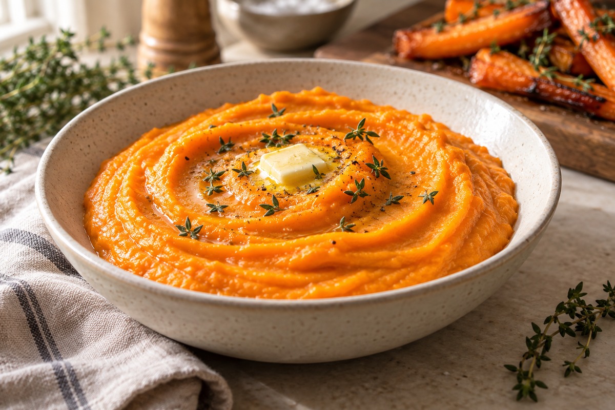 Bol de purée de carottes lisse avec beurre et thym