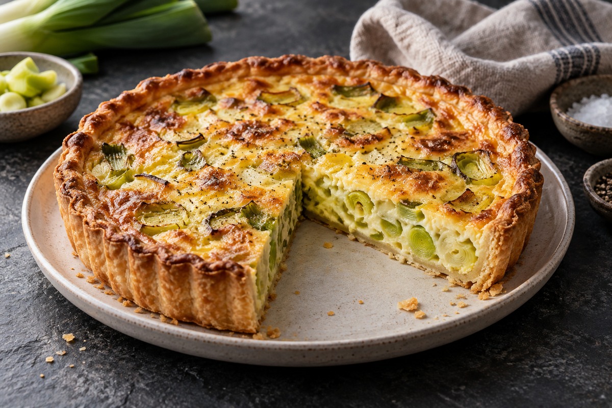 Quiche aux poireaux dorée avec une part retirée