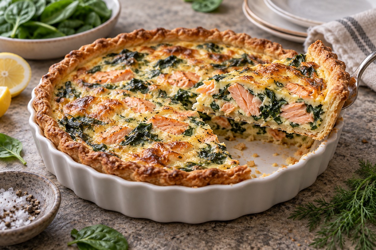 Quiche saumon épinards dorée avec une part levée