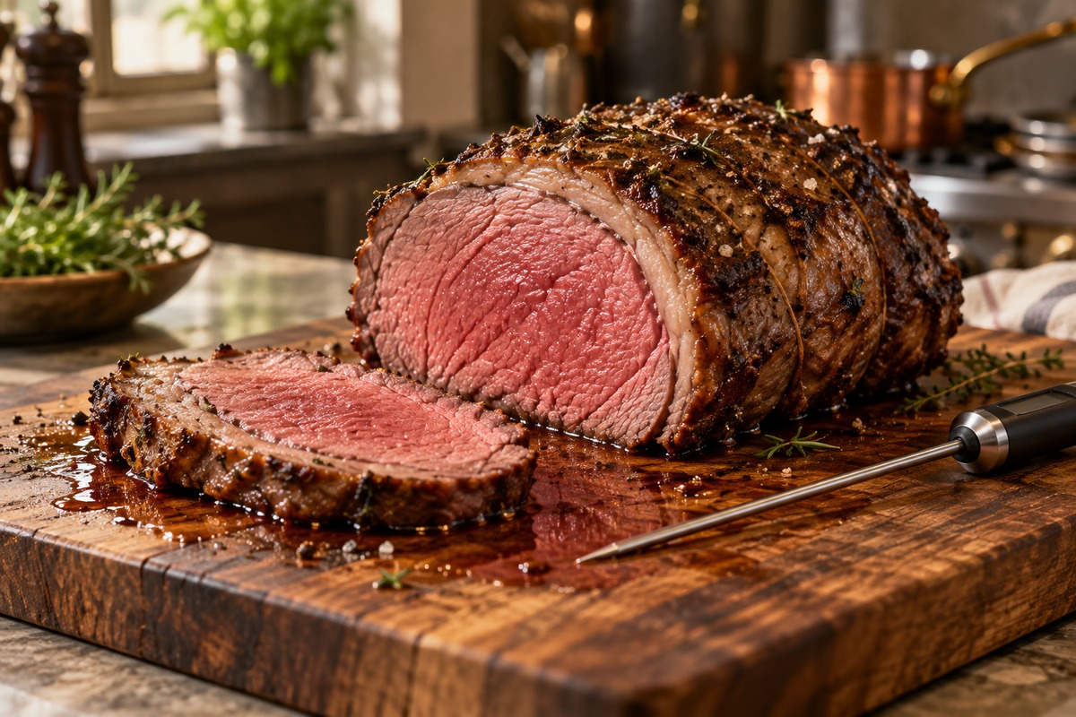 Rosbeef rosé reposé et tranché sur une planche avec une sonde de cuisson