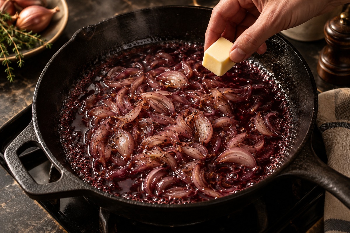 Échalotes réduisant au vin rouge dans une poêle