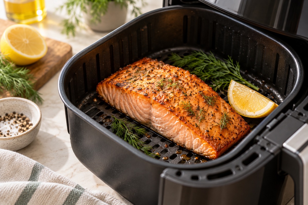Pavé de saumon doré dans le panier ouvert d’un air fryer avec citron et aneth
