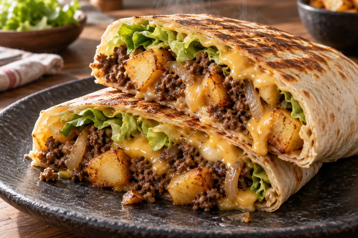 Tacos maison ouvert avec viande hachée, pommes de terre dorées et fromage fondu