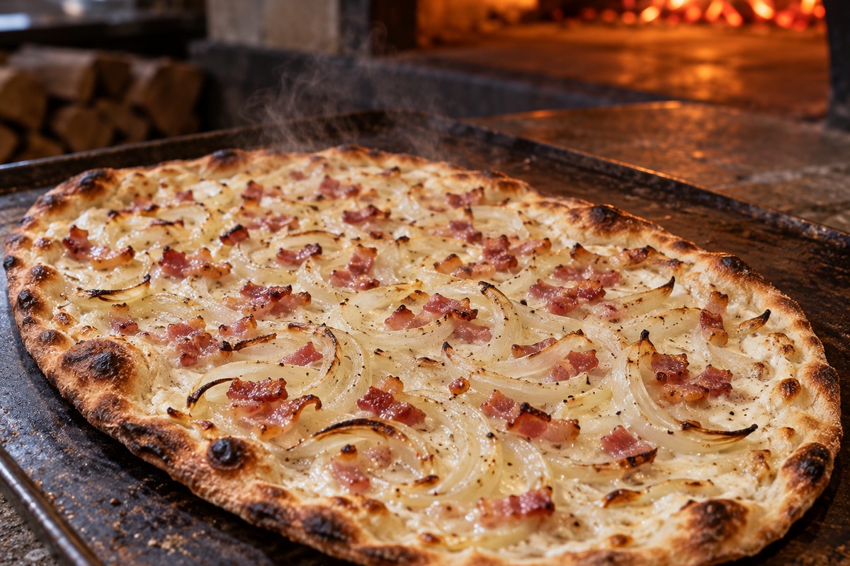 Tarte flambée fine cuite avec crème, oignons et lardons