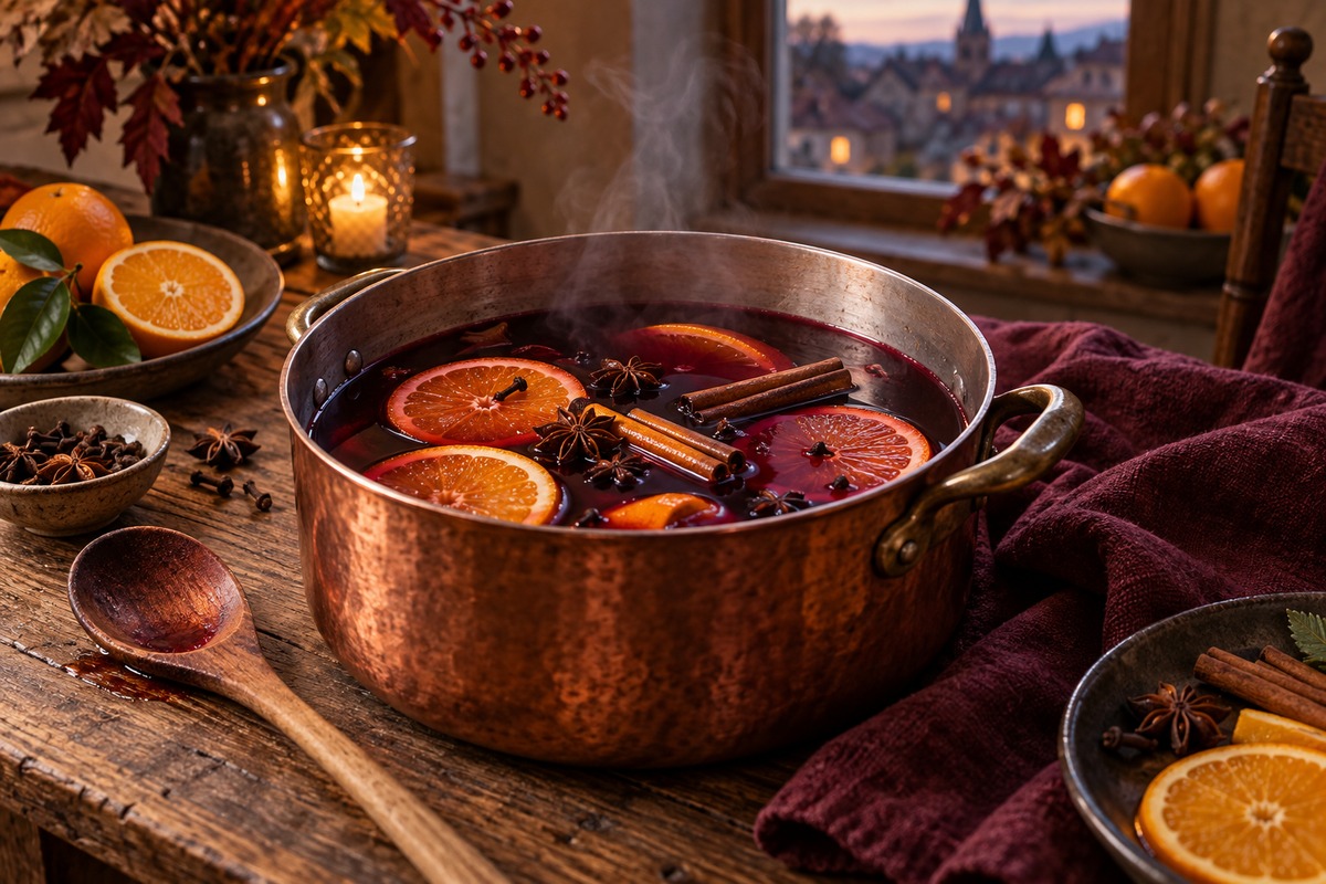 Casserole de vin chaud rouge avec orange, cannelle et badiane