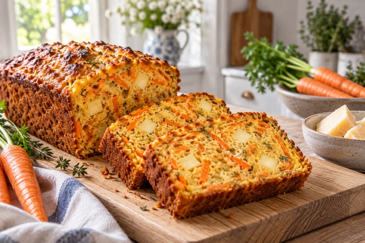 Tranches épaisses de cake salé aux carottes et comté sur une planche en bois