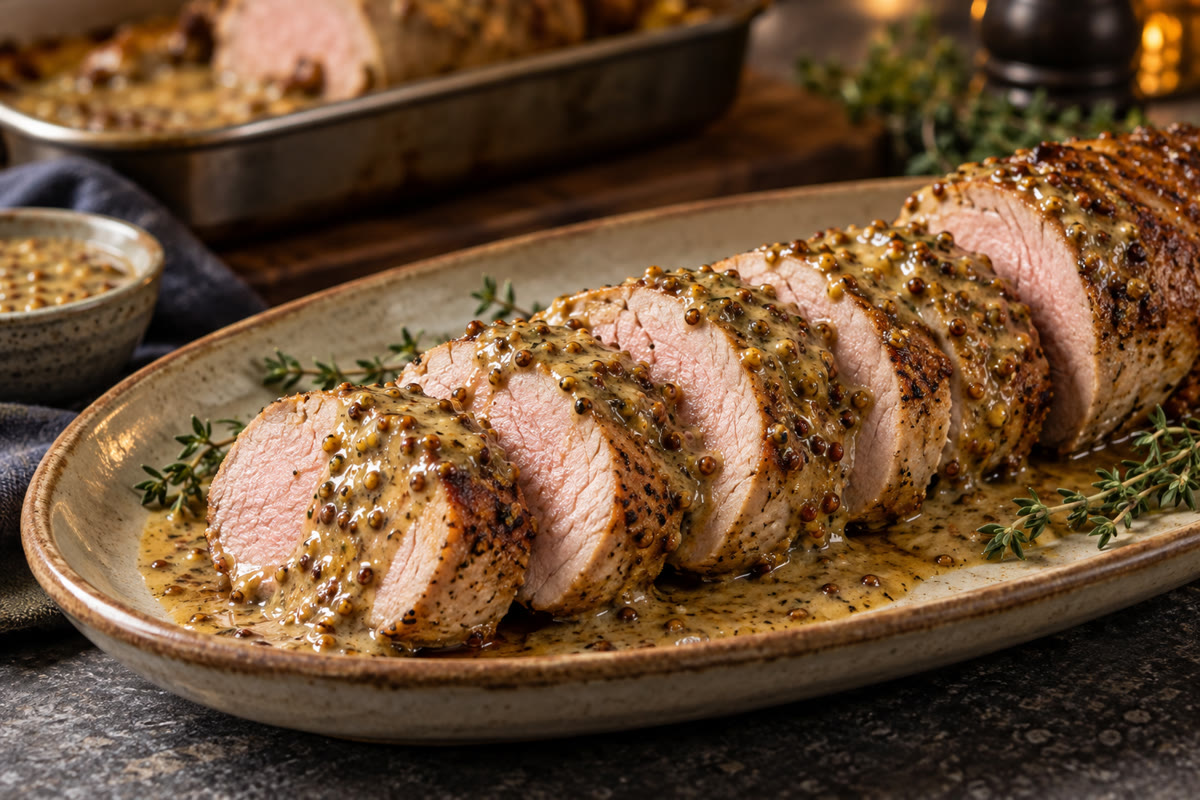 Filet mignon de porc tranché nappé d une sauce moutarde à l ancienne