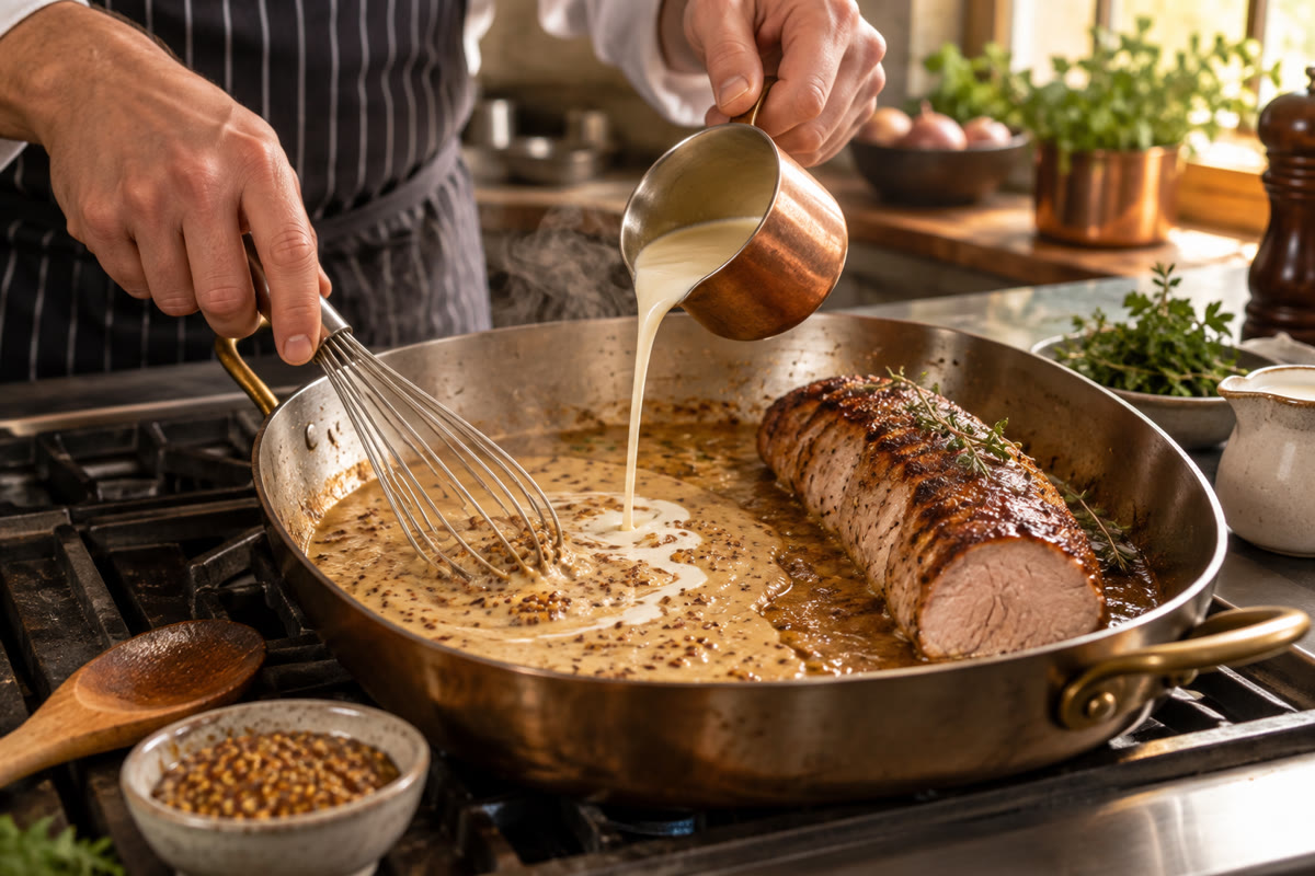 Cuisson d une sauce moutarde à l ancienne dans une sauteuse avec jus de viande