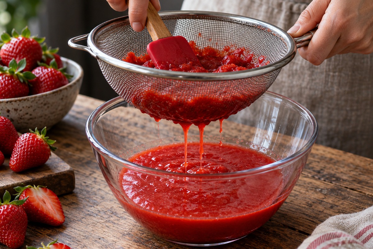 Coulis de fraise passé au tamis au-dessus d’un bol