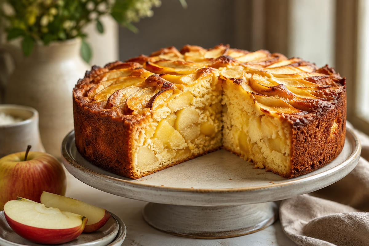 Gâteau aux pommes coupé avec gros morceaux de fruits dans une mie dorée