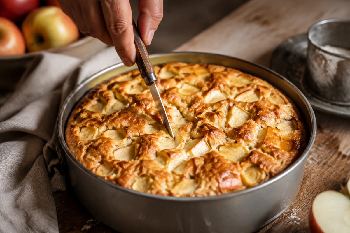 Test de la lame au centre d un gâteau aux pommes avec morceaux visibles