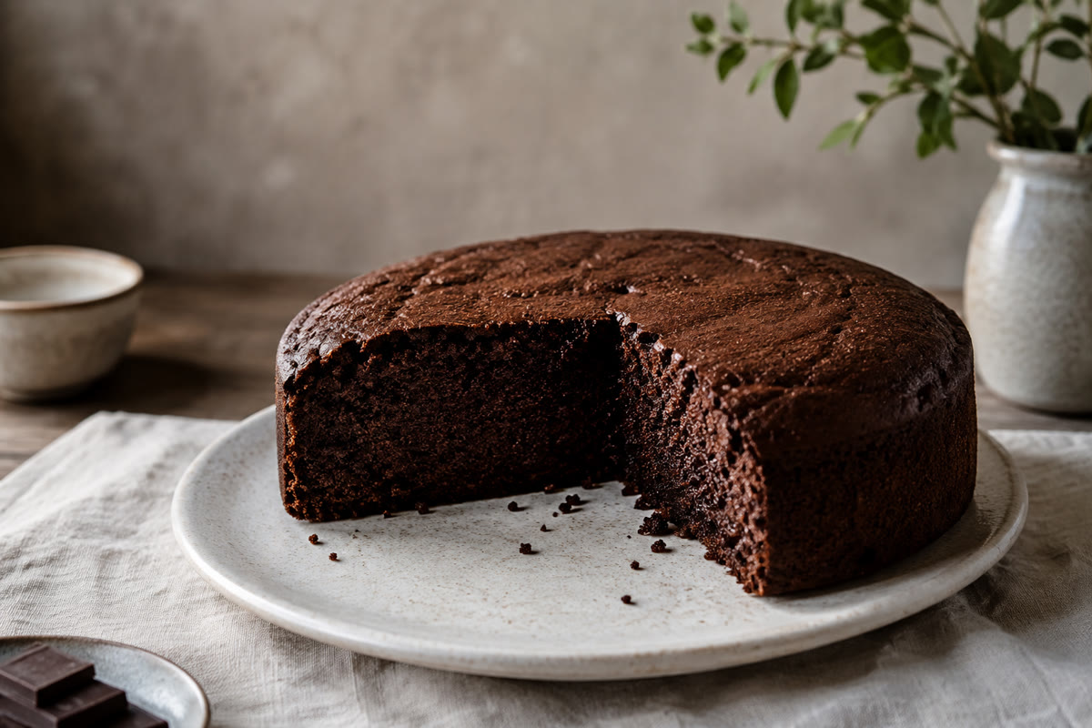 Gâteau au yaourt au chocolat coupé avec une mie sombre et moelleuse