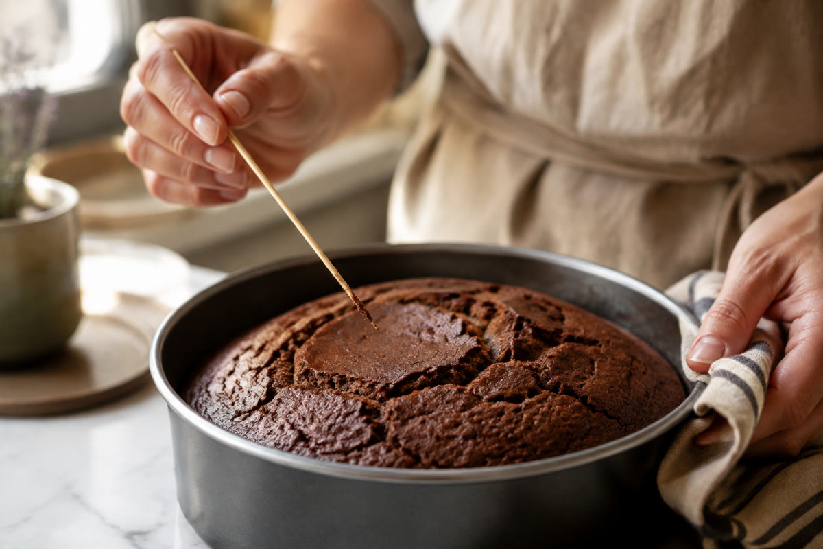 Test de cuisson d’un gâteau au chocolat dans son moule avec une brochette portant quelques miettes humides