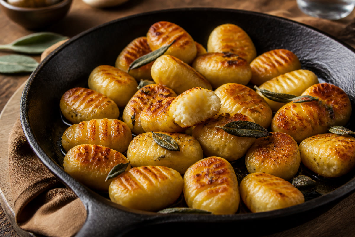 Gnocchi à poêler dorés dans une poêle avec feuilles de sauge