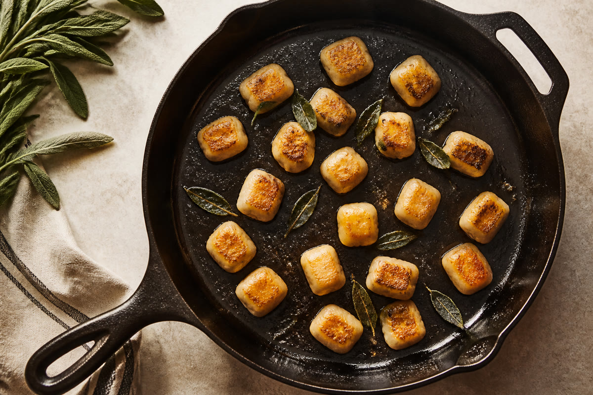 Gnocchi en une seule couche dans une grande poêle en fonte