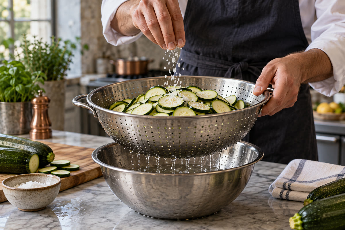 Courgettes en rondelles salées dans une passoire au-dessus d un saladier