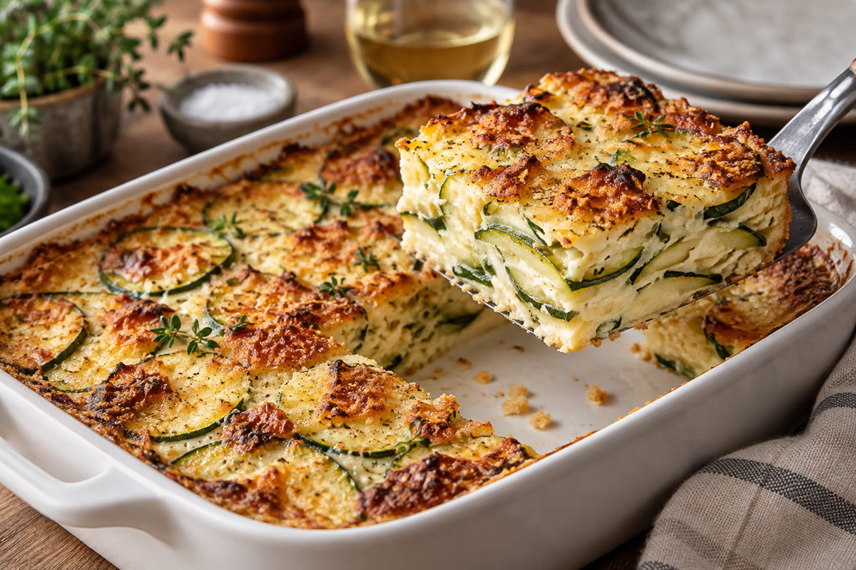 Part de gratin de courgettes dorée, bien tenue et sans jus dans le plat