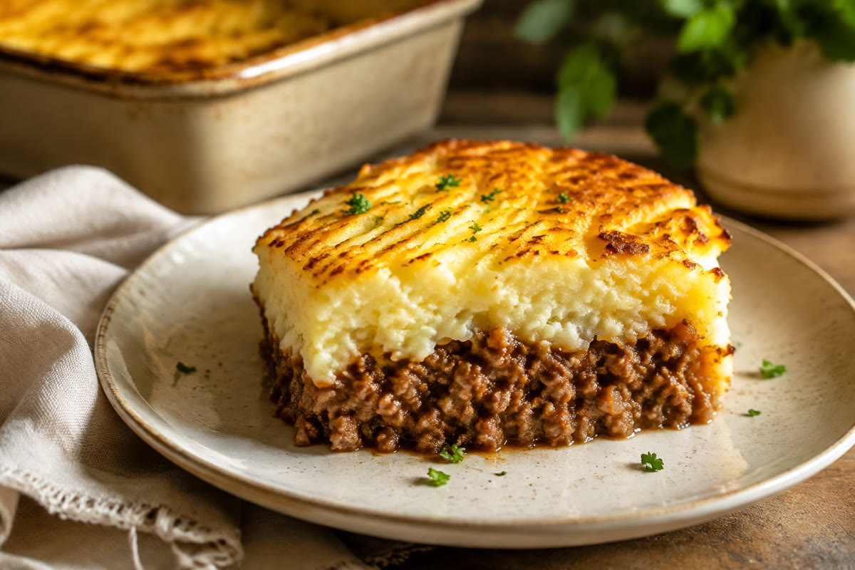 Part de hachis parmentier maison avec purée dorée et viande de bœuf juteuse