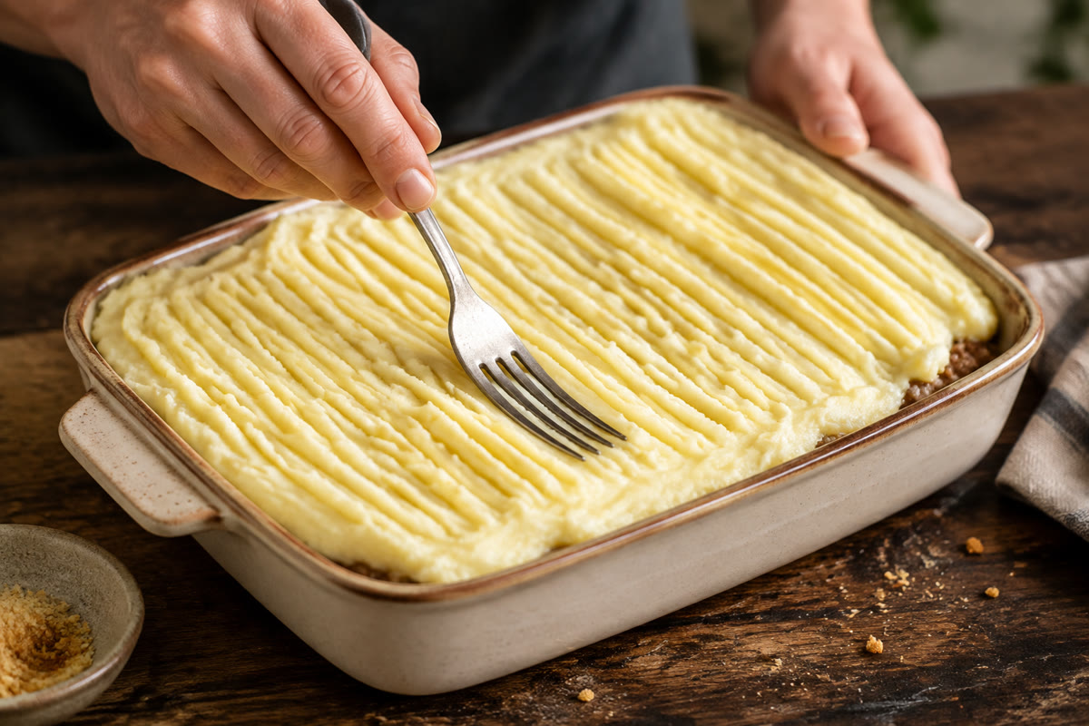 Main dessinant des stries à la fourchette sur la purée d’un hachis parmentier avant gratinage