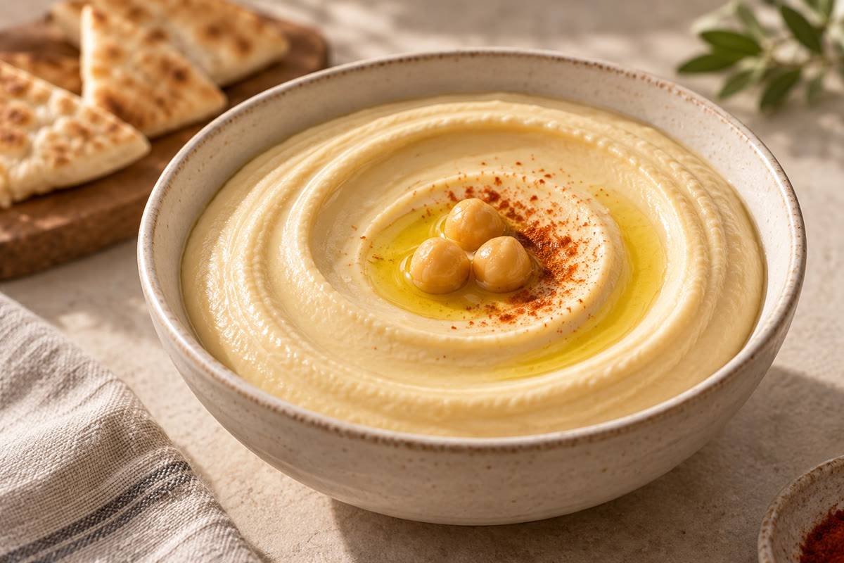 Bol de houmous maison très lisse avec huile d olive, paprika et pois chiches