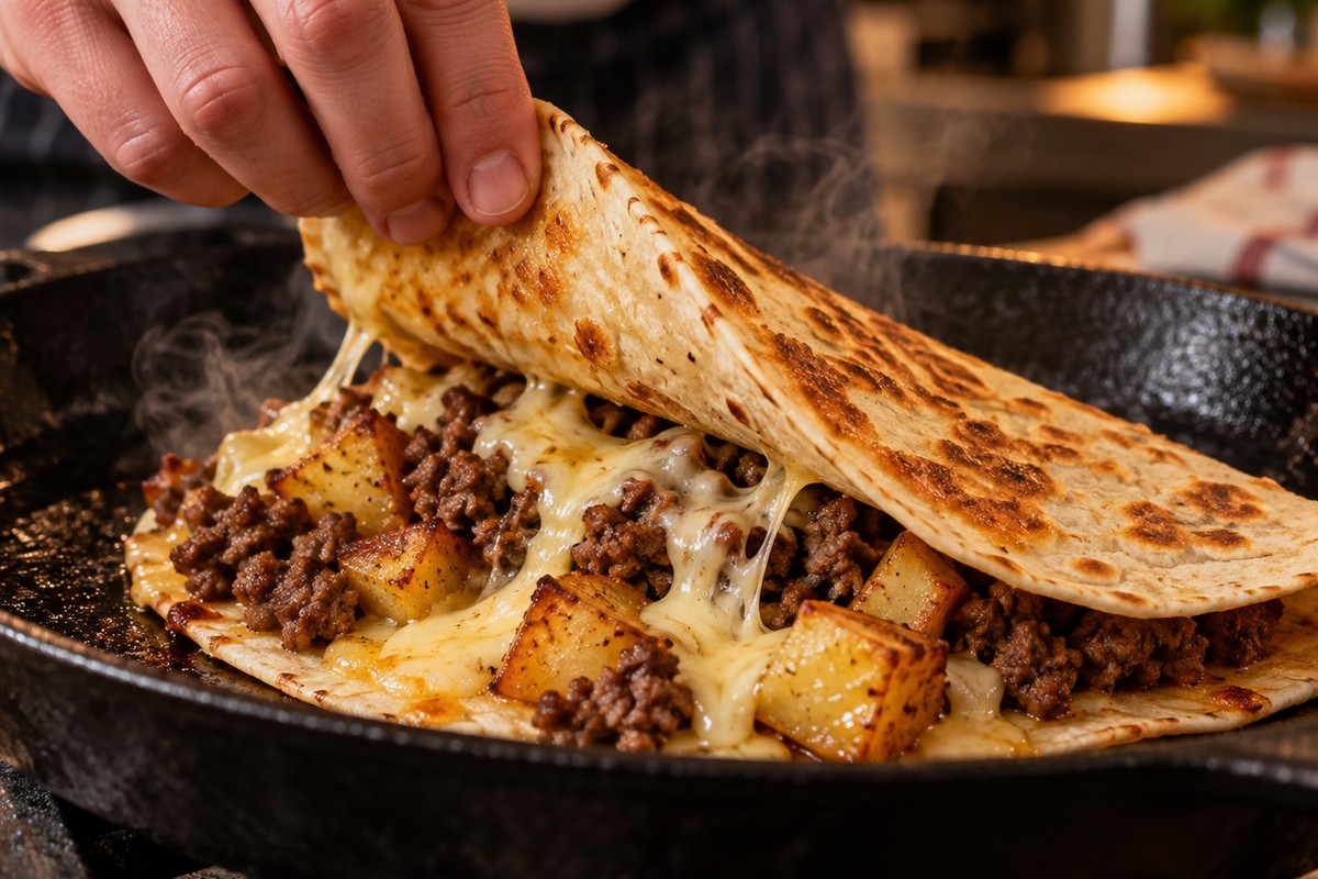 Garniture de tacos maison avec viande hachée et pommes de terre dorées