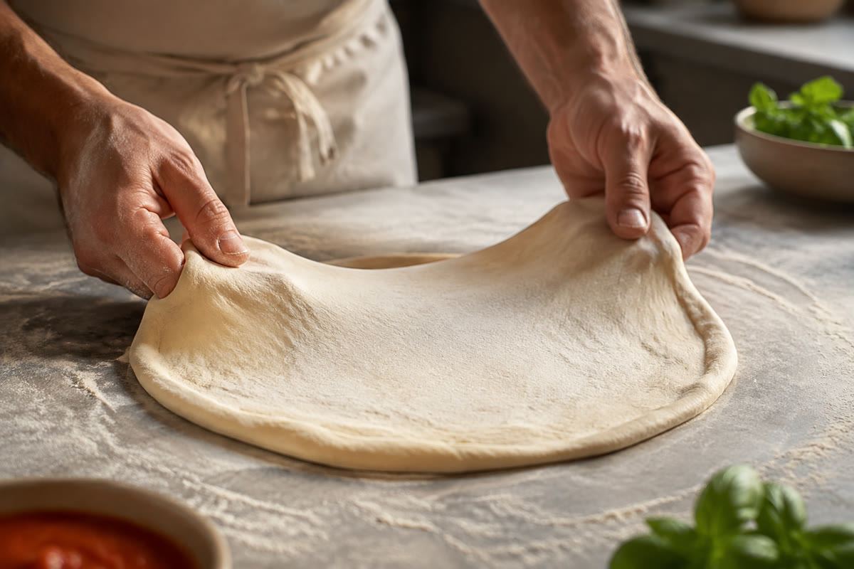 Mains étirant une pâte à pizza fine sur un plan légèrement fariné