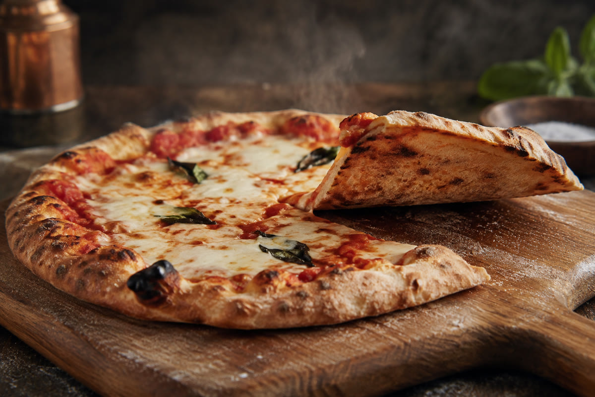 Pizza fine cuite avec dessous doré et croustillant visible