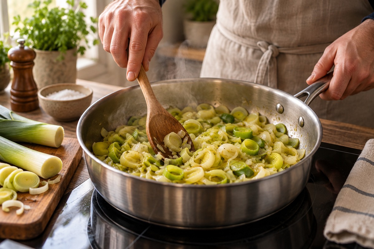 Des poireaux fondants sont remués dans une sauteuse avant une quiche