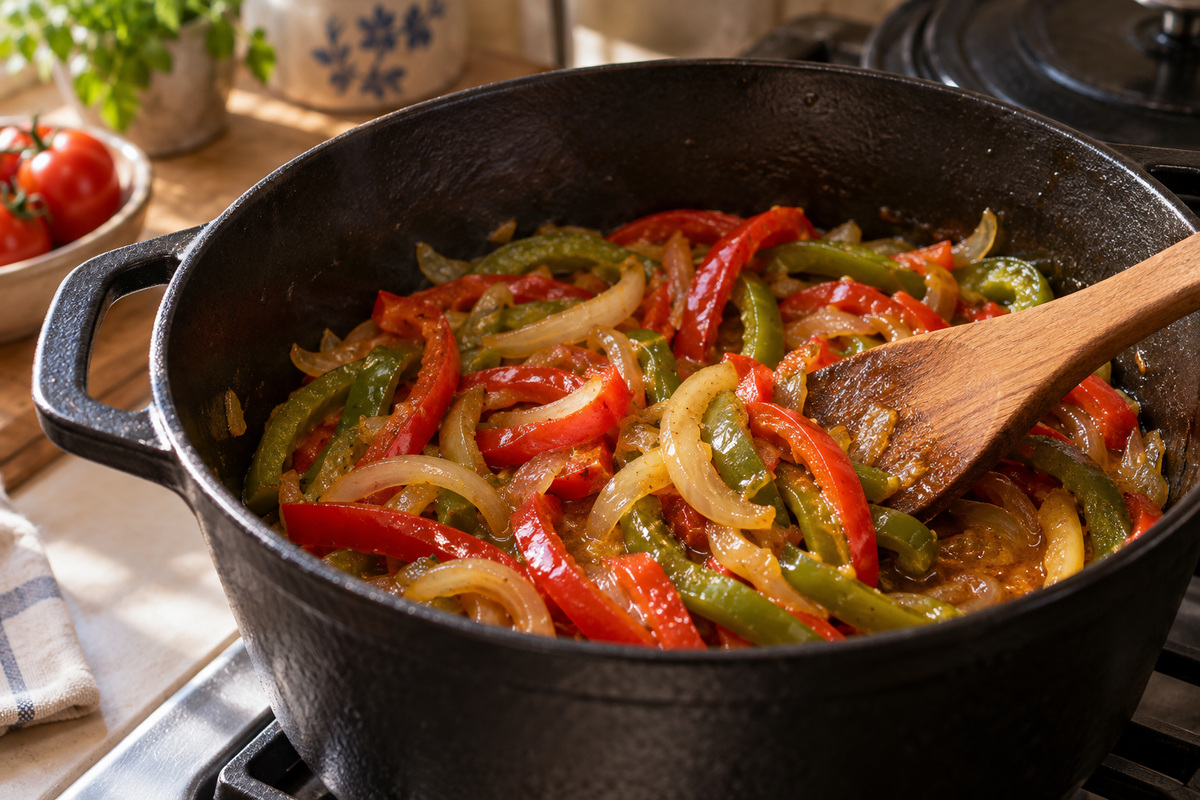 Lanières de poivrons qui fondent dans une cocotte avec des oignons