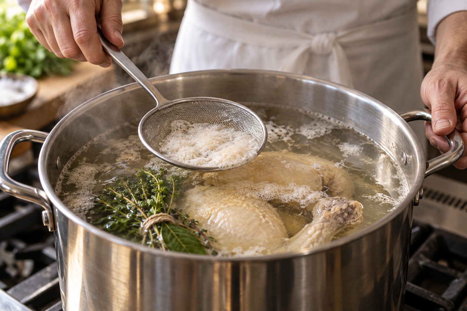 Écumer une cocotte de poule au pot avec une passoire fine