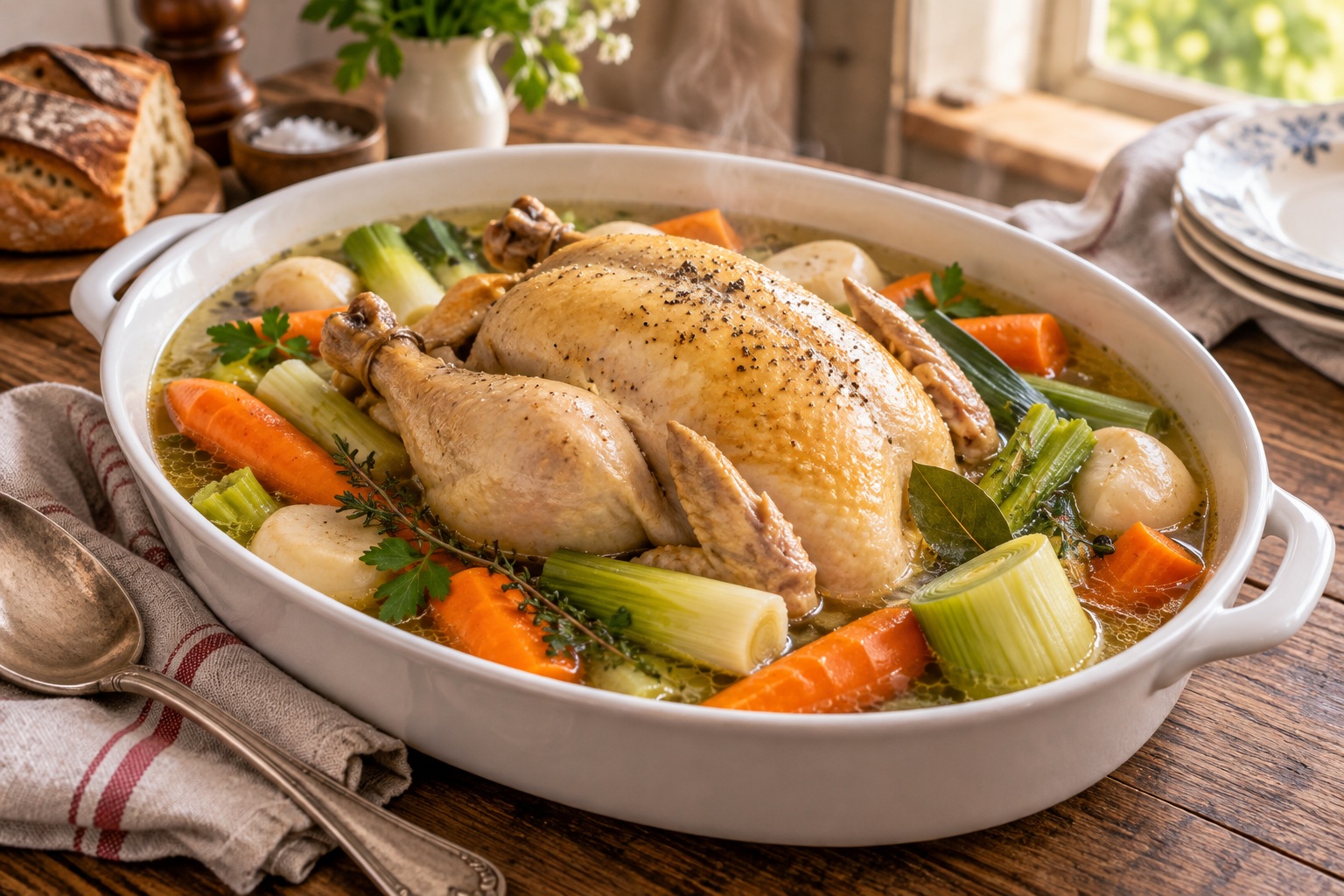 Poule au pot servie avec carottes, poireaux et navets dans un bouillon clair