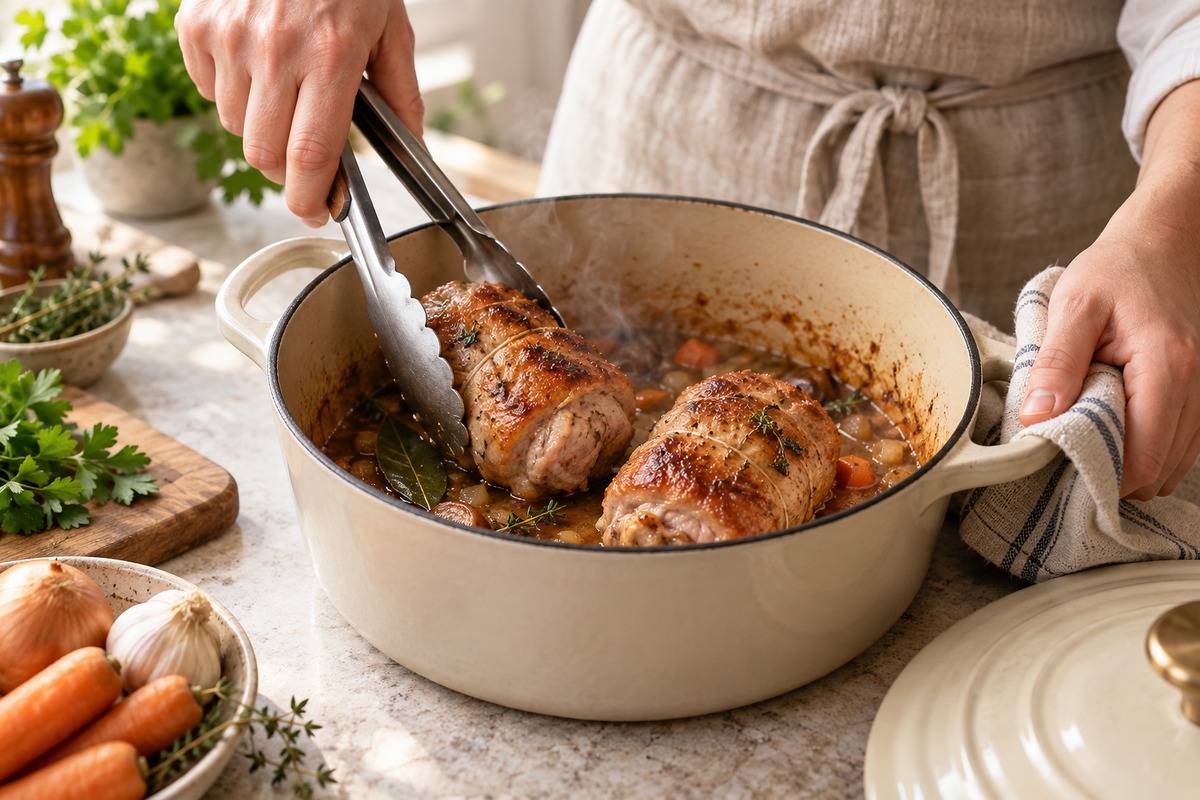 Des paupiettes de porc sont retournées avec une pince dans une cocotte