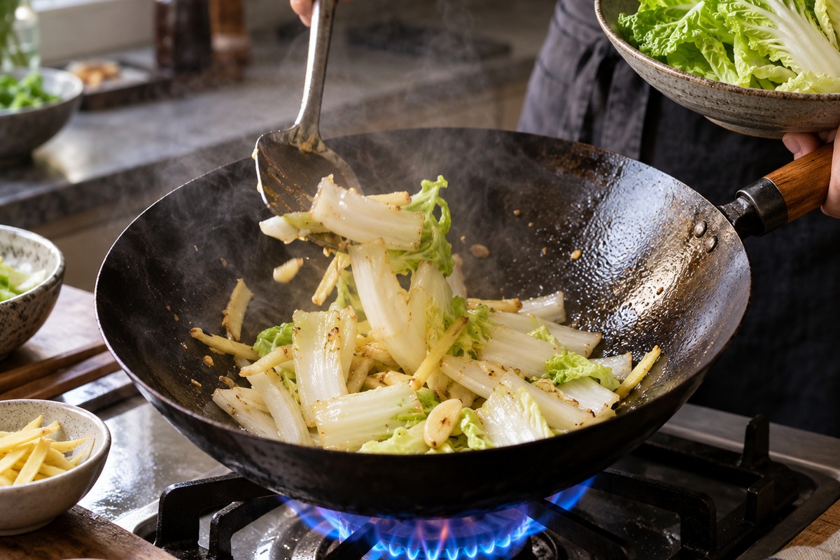 Chou chinois saisi au wok avec gingembre et ail