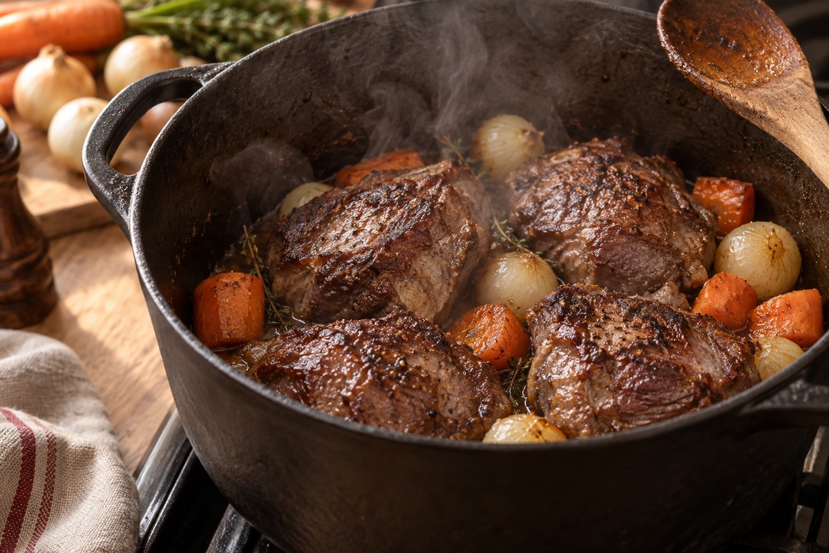 Joues de porc dorées dans une cocotte avant la cuisson lente