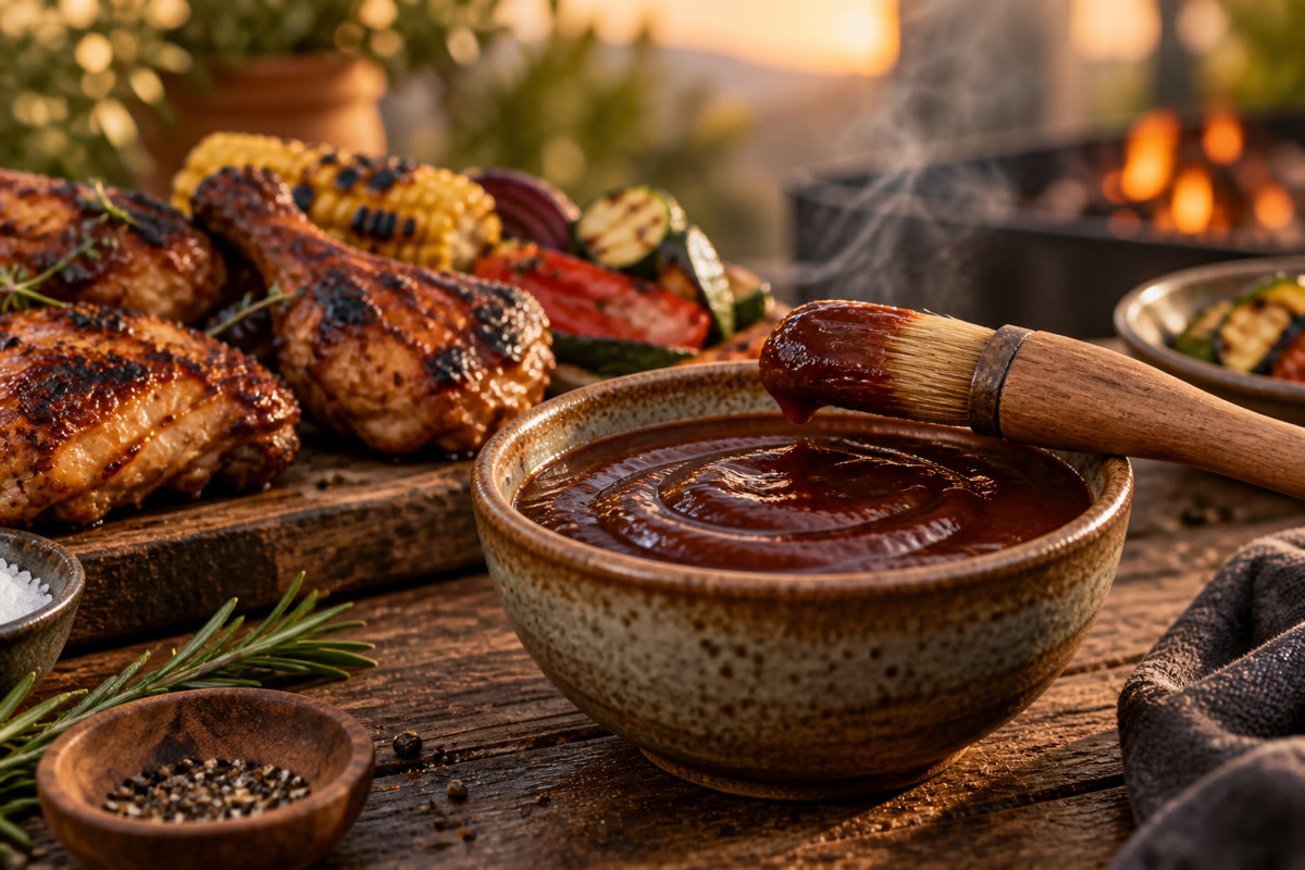 Bol de sauce barbecue maison fumée avec pinceau et grillades