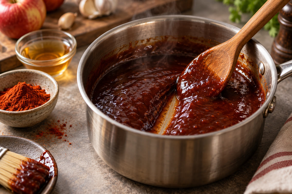 Sauce barbecue maison qui réduit dans une casserole avec une cuillère en bois