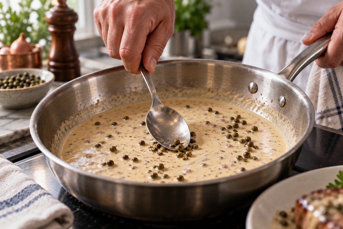 Cuillère écrasant quelques grains de poivre vert dans une sauce crémeuse en poêle