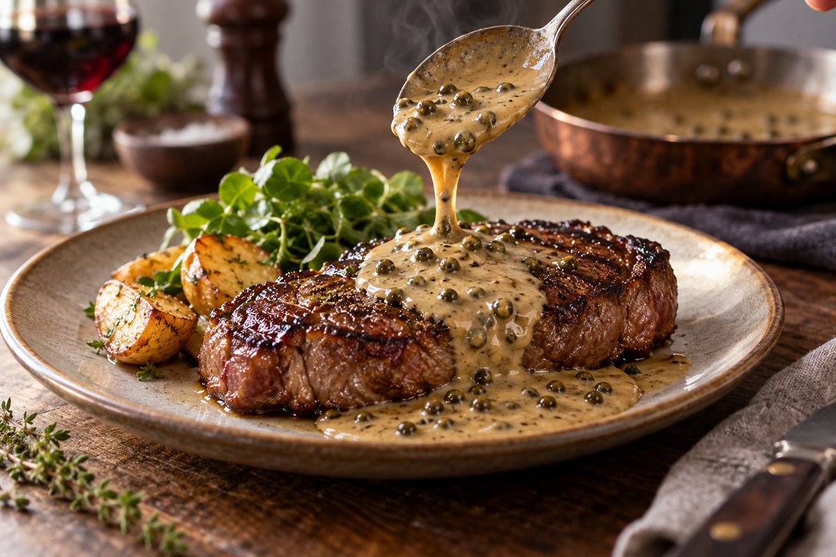 Sauce crémeuse au poivre vert nappant une viande grillée avec grains visibles