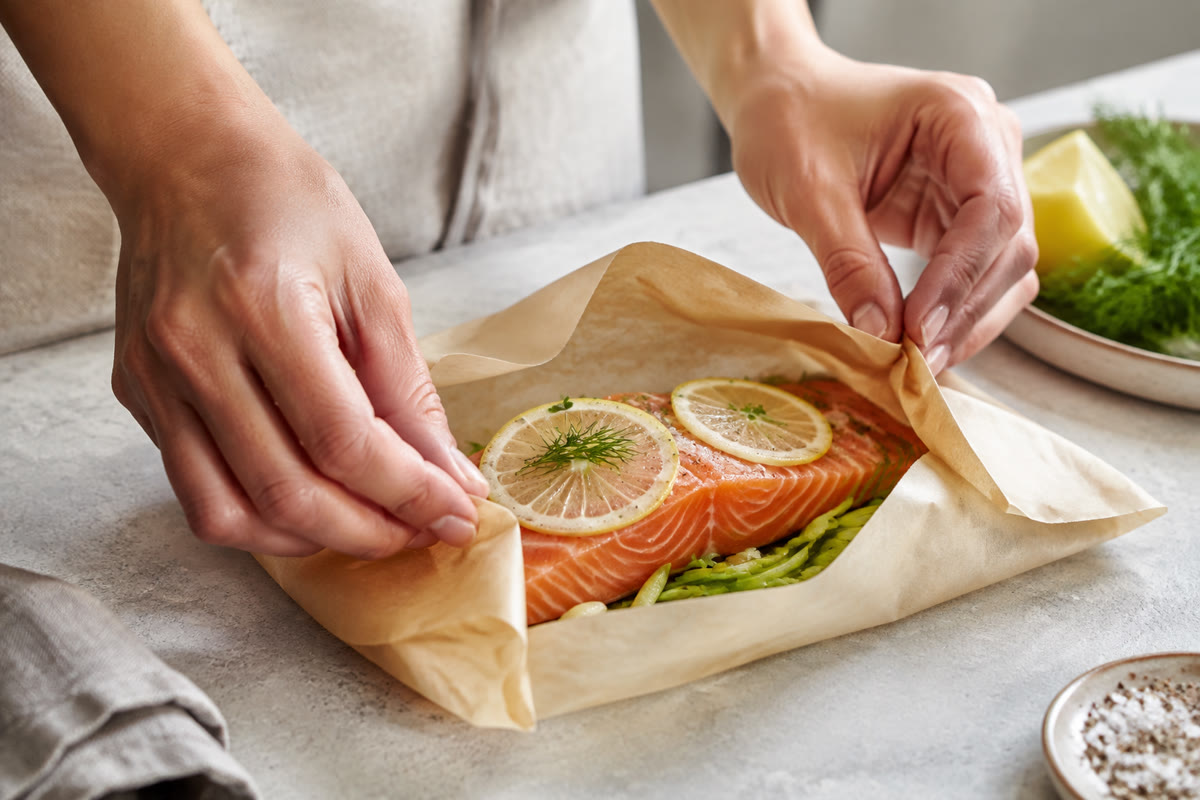 Mains fermant une papillote de saumon avec citron et légumes fins