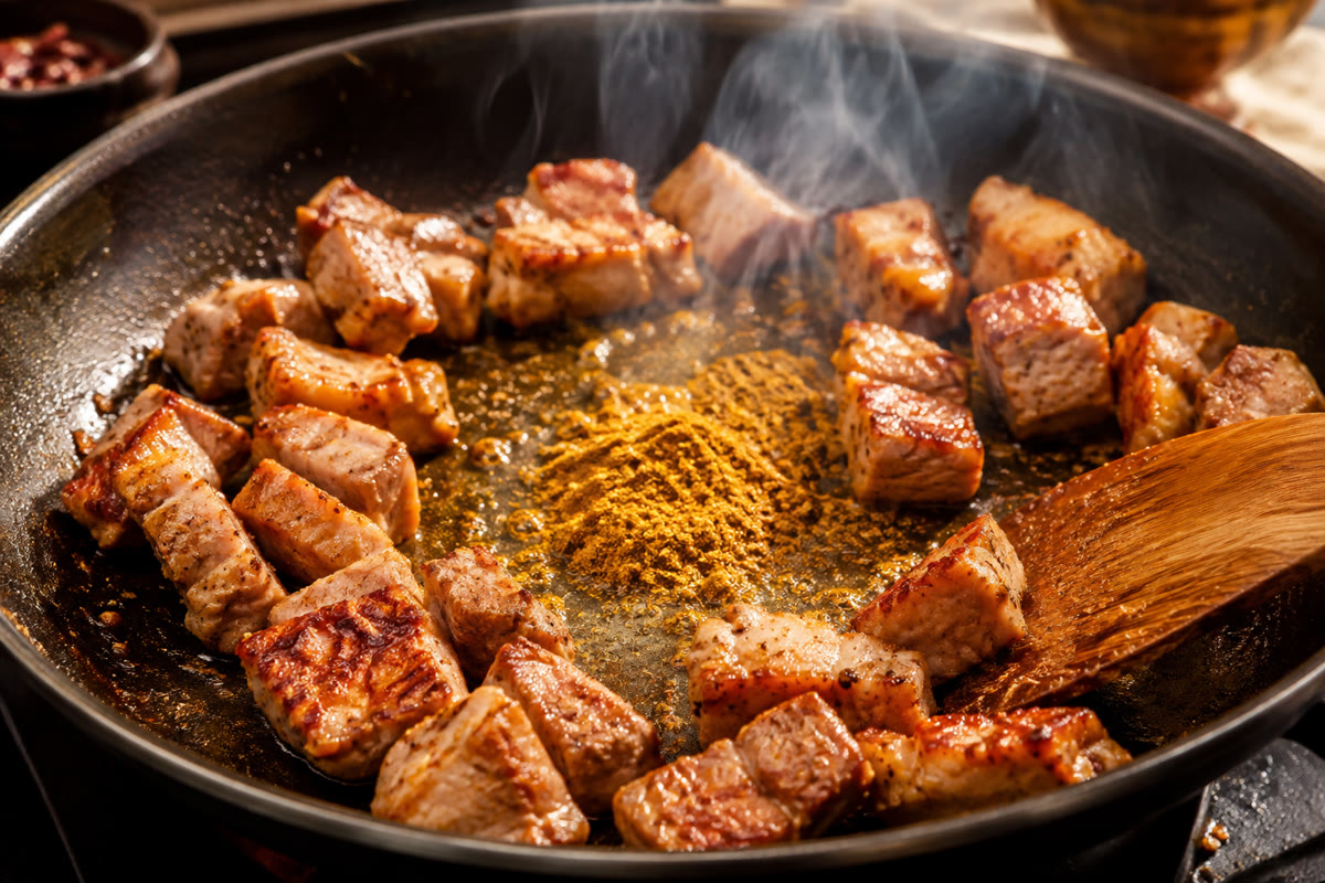 Morceaux de porc saisis dans une sauteuse autour d’un curry qui chauffe au centre