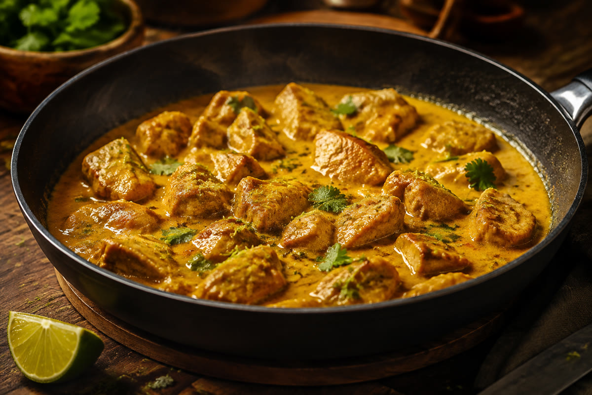 Sauté de porc au curry avec sauce coco dorée dans une sauteuse