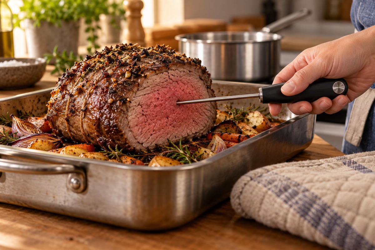 Sonde plantée au centre d’un rosbeef rosé dans son plat de cuisson