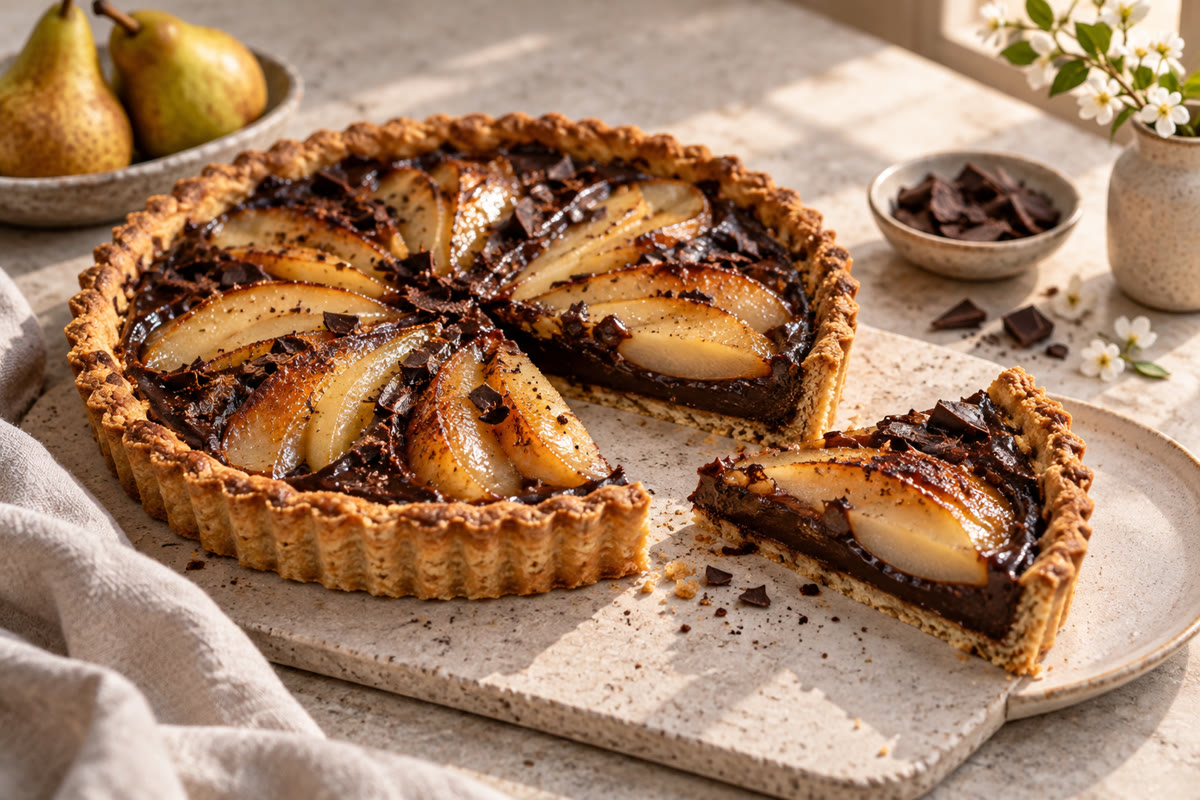Tarte poires-chocolat découpée avec pâte sablée dorée et fond net