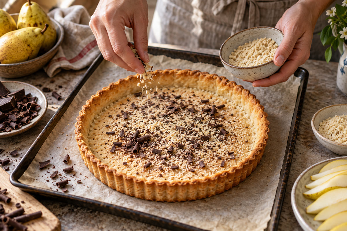 Mains ajoutant poudre d amande et chocolat sur un fond de tarte précuit