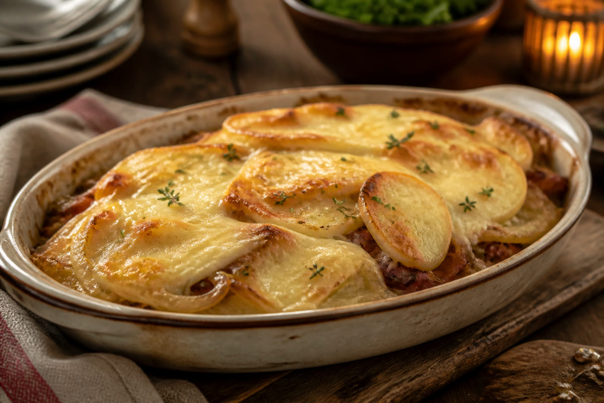 Tartiflette maison dans un plat à gratin avec reblochon fondu et pommes de terre moelleuses
