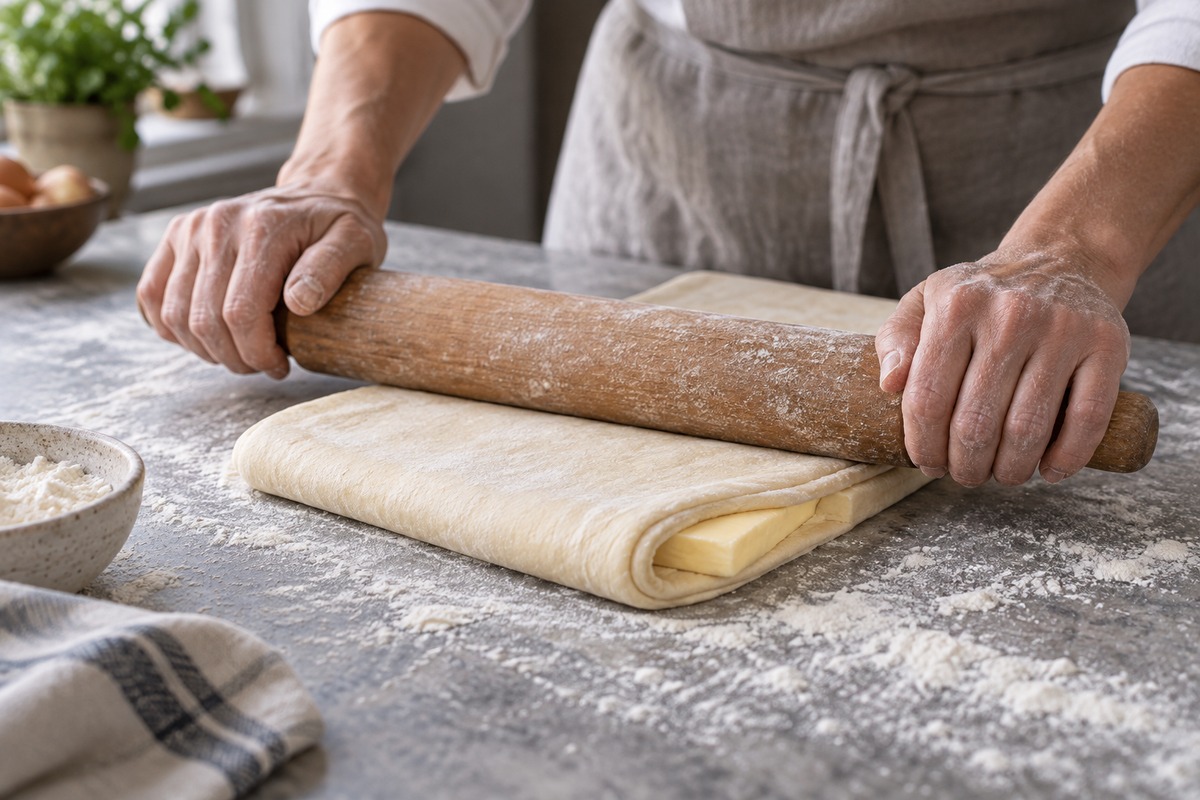 Tour de pâte levée feuilletée avec le beurre enfermé