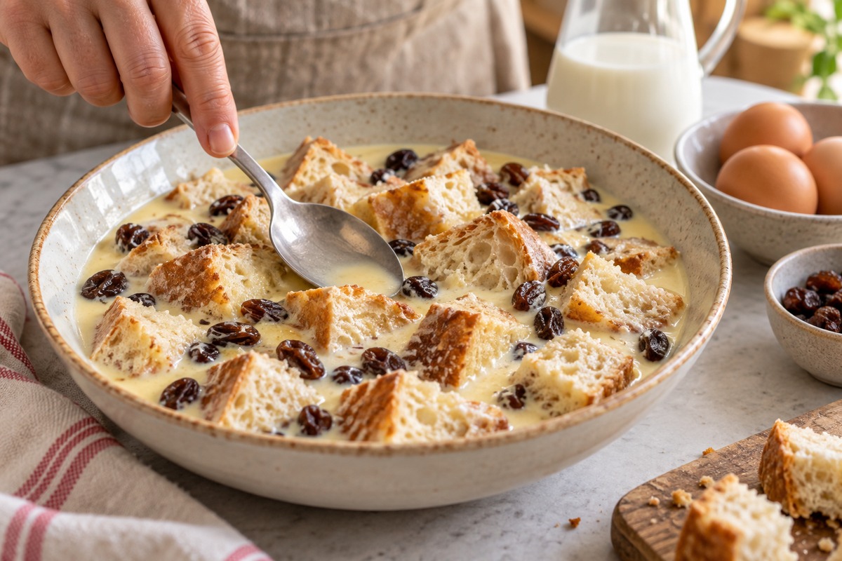 Morceaux de pain rassis et raisins qui trempent dans une crème au lait