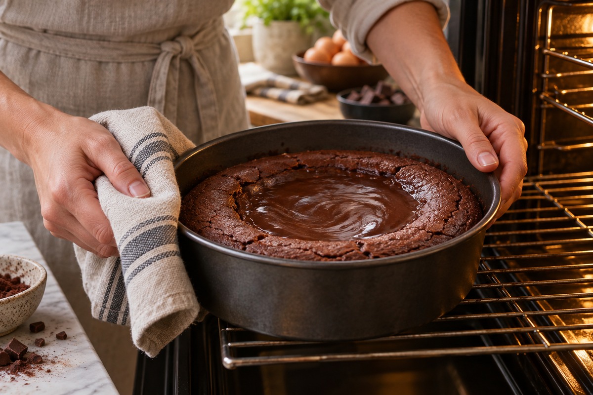 Un moelleux au chocolat est vérifié dans son moule à la sortie du four