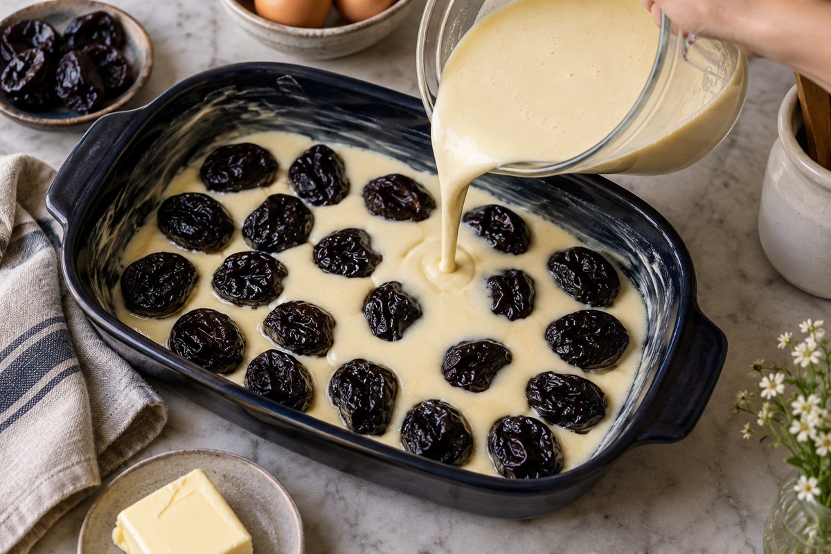 Appareil fluide de far breton versé sur des pruneaux dans un plat beurré
