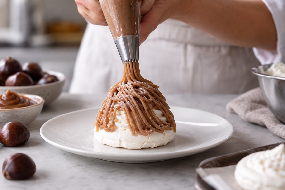 Disque de meringue froide garni de chantilly avant le pochage des vermicelles de marron